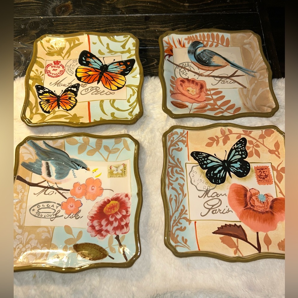 Jennifer Brinley Certified International 8.5” Square Plates Set 4Birds Butterfly
